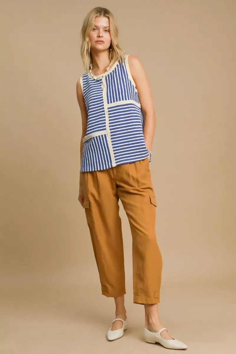 Umgee Round Neck Texture Striped Tank for Stylish Outfits - Love Salve
